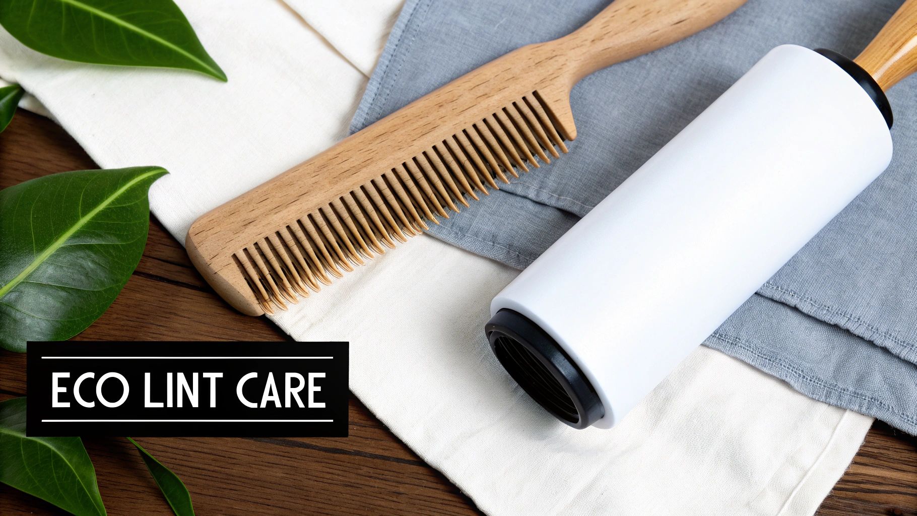 A wooden lint comb and a white reusable lint roller on fabric, emphasizing eco-friendly lint care.