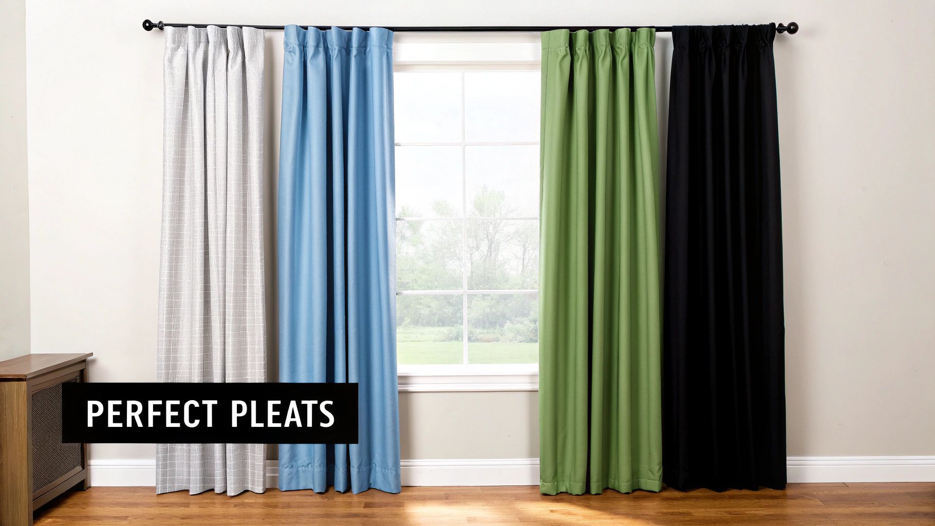 Four perfect pleated curtains in light gray, blue, green, and black hang on a rod.