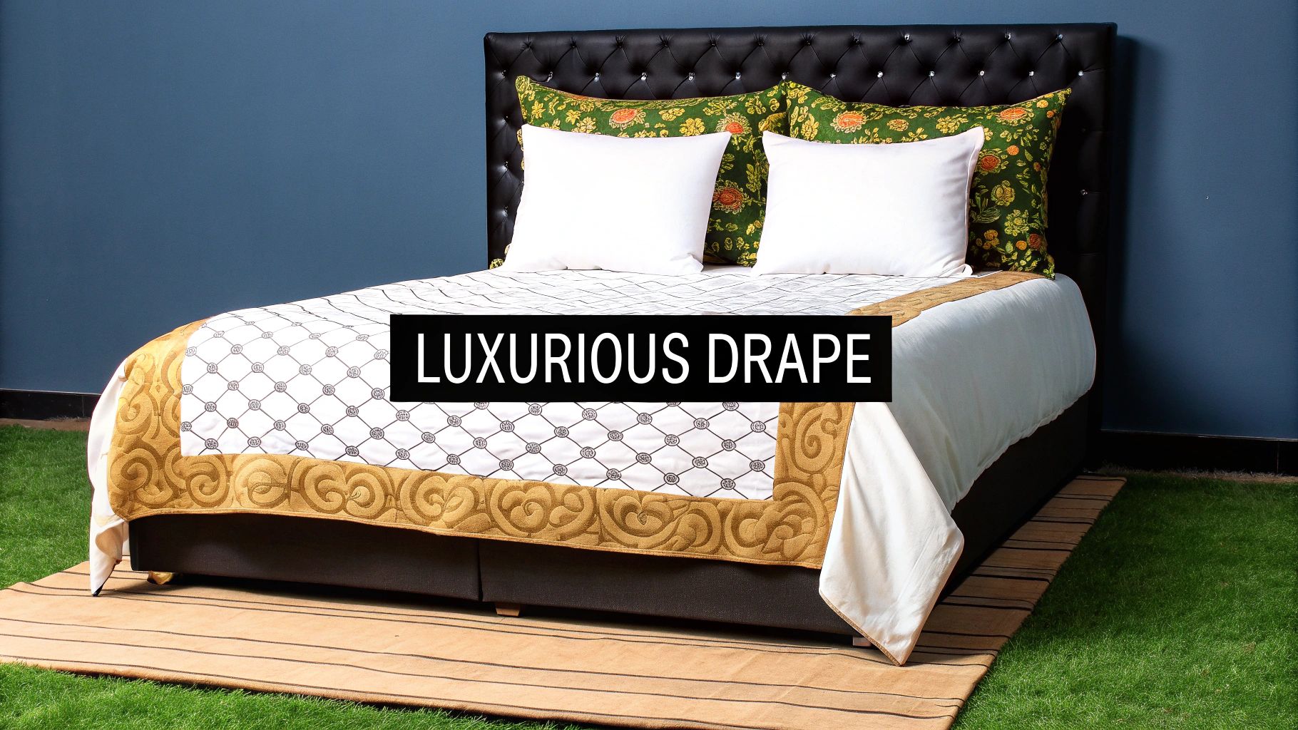 A bed with an oversized, luxurious duvet that drapes elegantly over the sides.