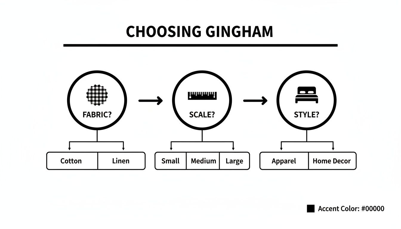 A flowchart illustrating the process of choosing gingham fabric, considering fabric type, scale, and style.
