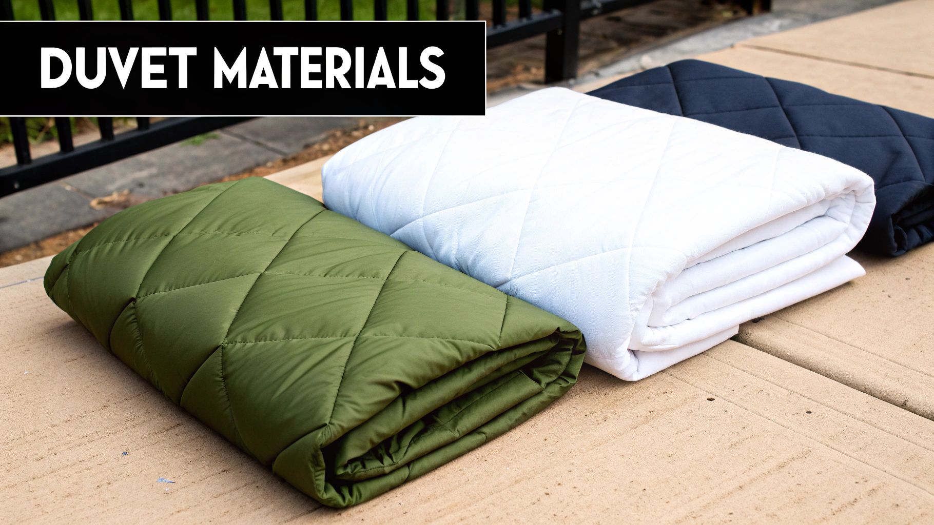 A close-up shot of a person's hands holding a plush, natural-toned wool duvet, highlighting its texture and warmth.