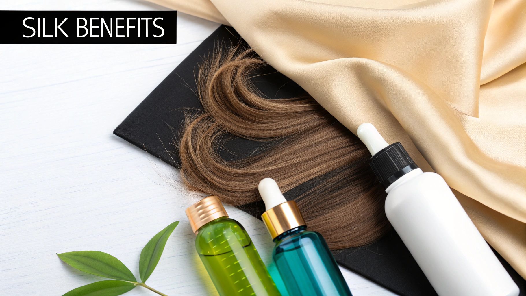A woman with healthy hair smiling as she rests on a luxurious silk pillowcase.