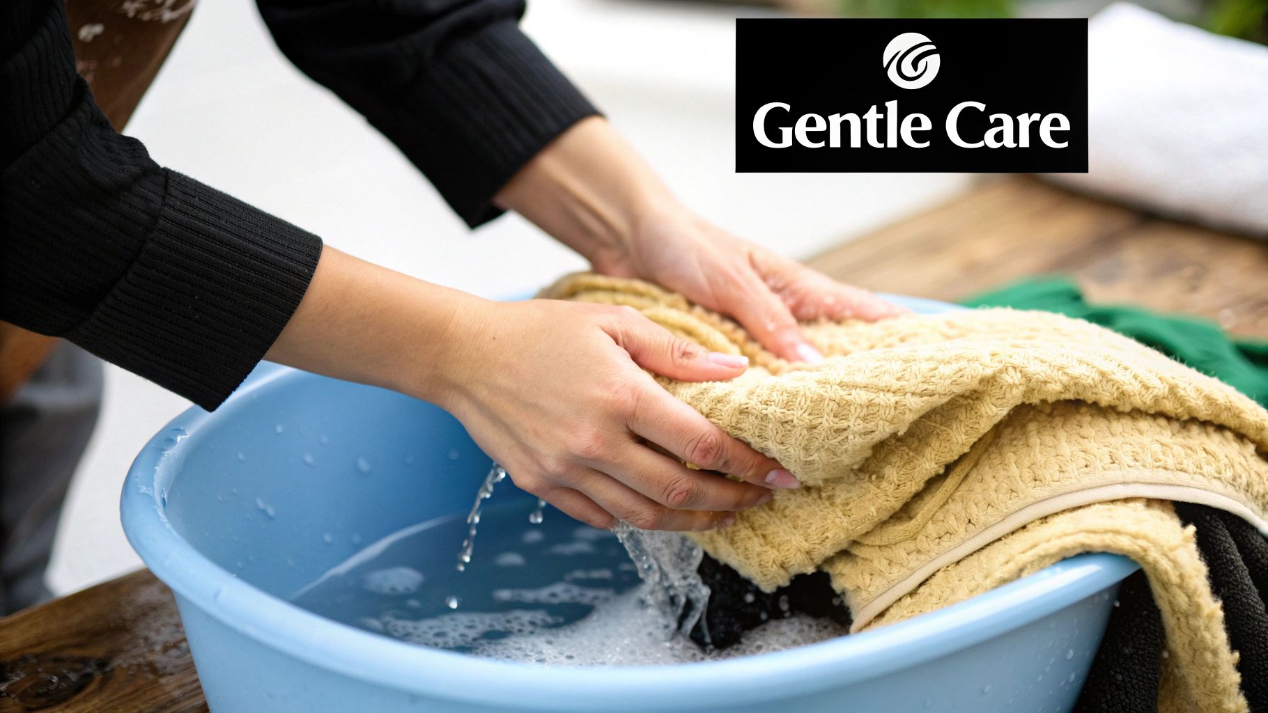 A person gently folding a clean, soft wool throw.