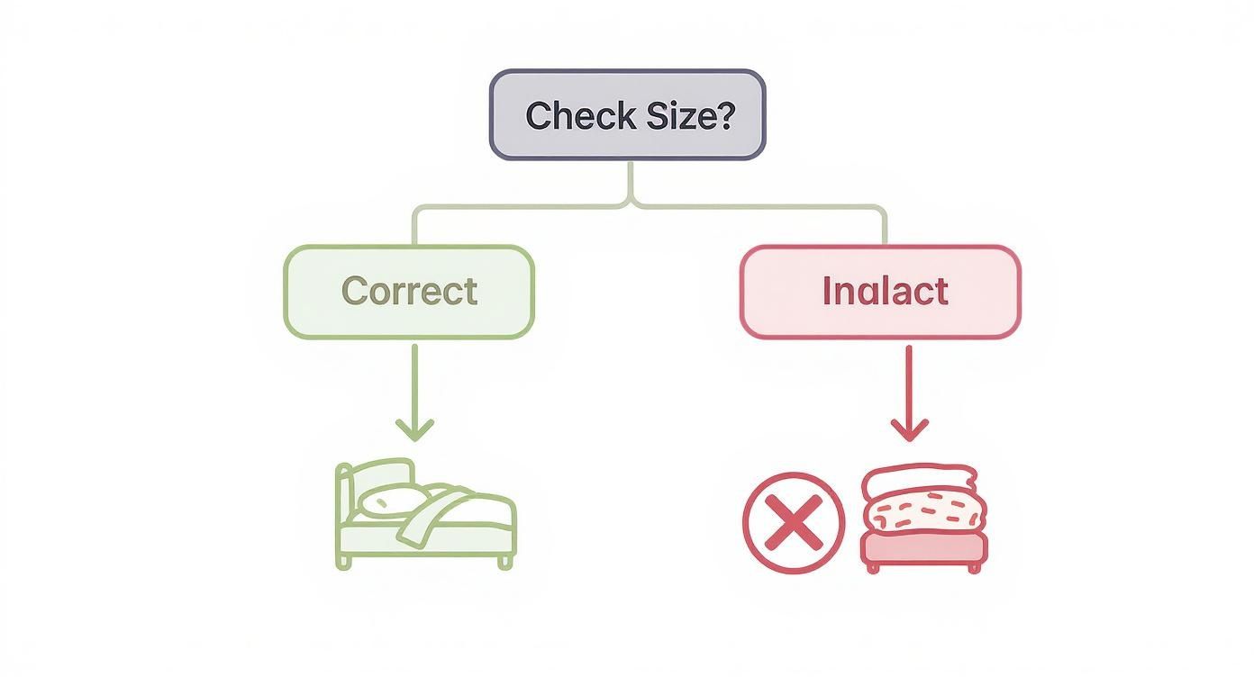 Infographic decision tree showing how to check for the correct double duvet cover fit.