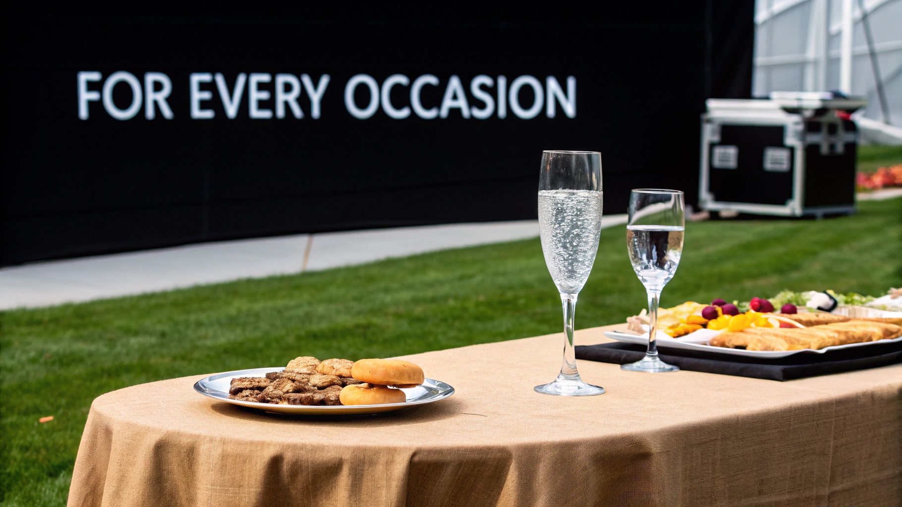 Outdoor table with food platters, cookies, and champagne flutes, set against a 'For Every Occasion' banner.