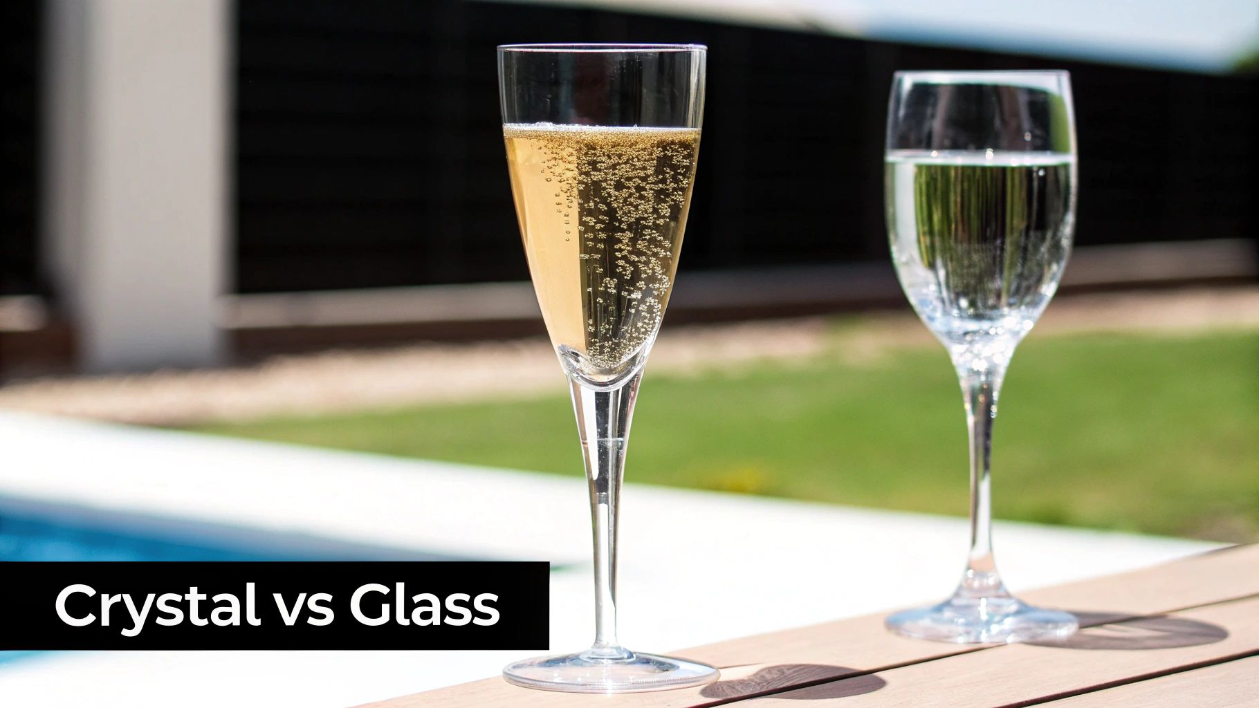 Two elegant glasses, one with sparkling champagne and one with water, on a wooden table outdoors.