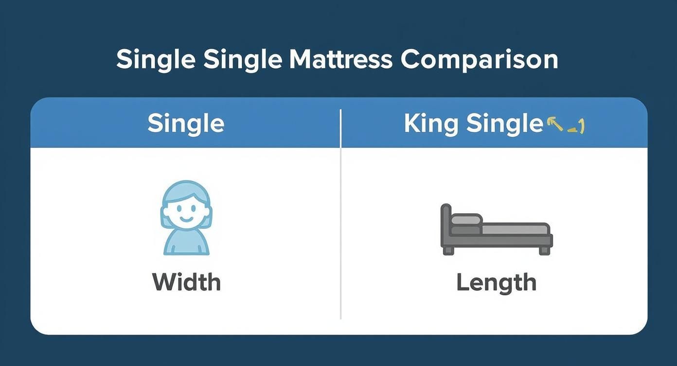 Infographic comparing the increased width and length of a King Single mattress, suitable for a teenager, versus a standard Single mattress, suitable for a child.
