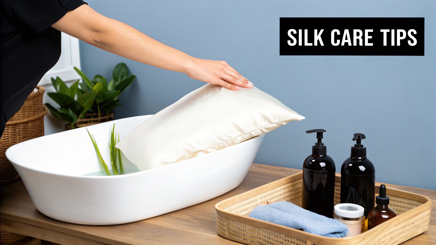 A person hand-washing a cream silk pillowcase in a basin with water, following silk care tips.