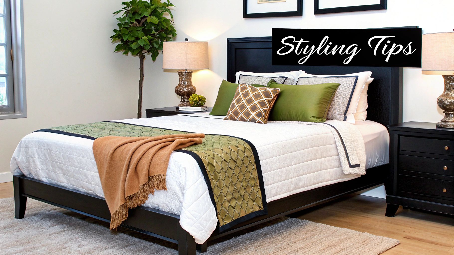 A stylish bedroom features a dark wood bed, white quilted bedding, green and brown accent pillows, and side tables with lamps.