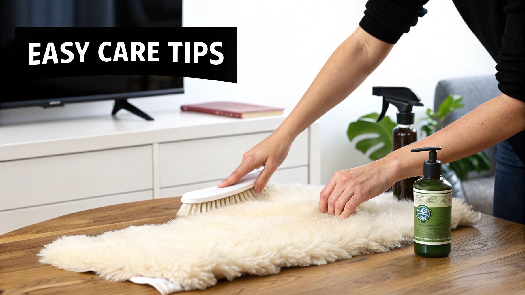A person brushing a white sheepskin rug to maintain its fluffiness.