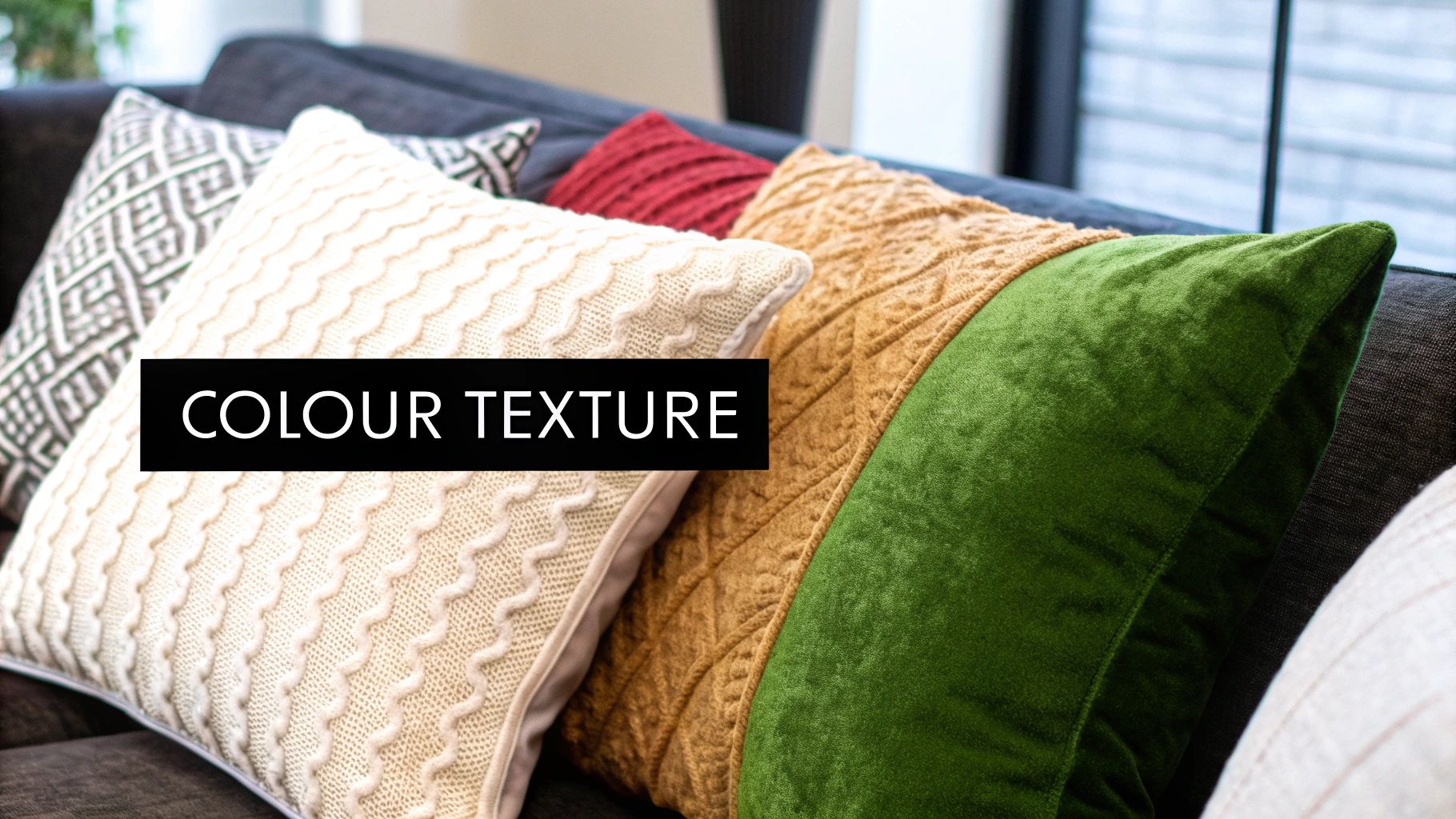 Assortment of vibrant cushions with diverse textures like knit and velvet on a comfortable dark grey sofa.