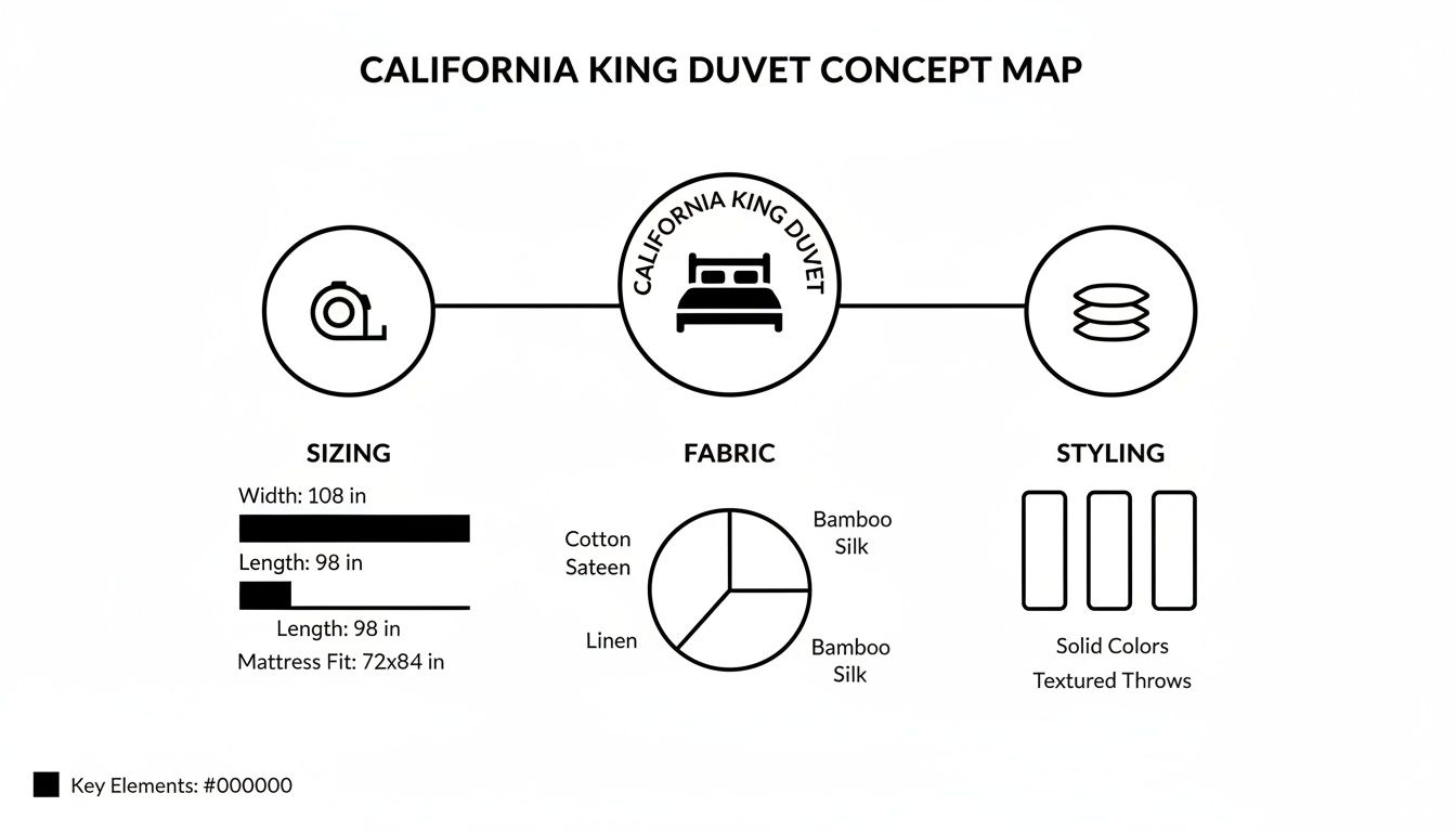 Concept map detailing California King duvet sizing, fabric types, and styling options.