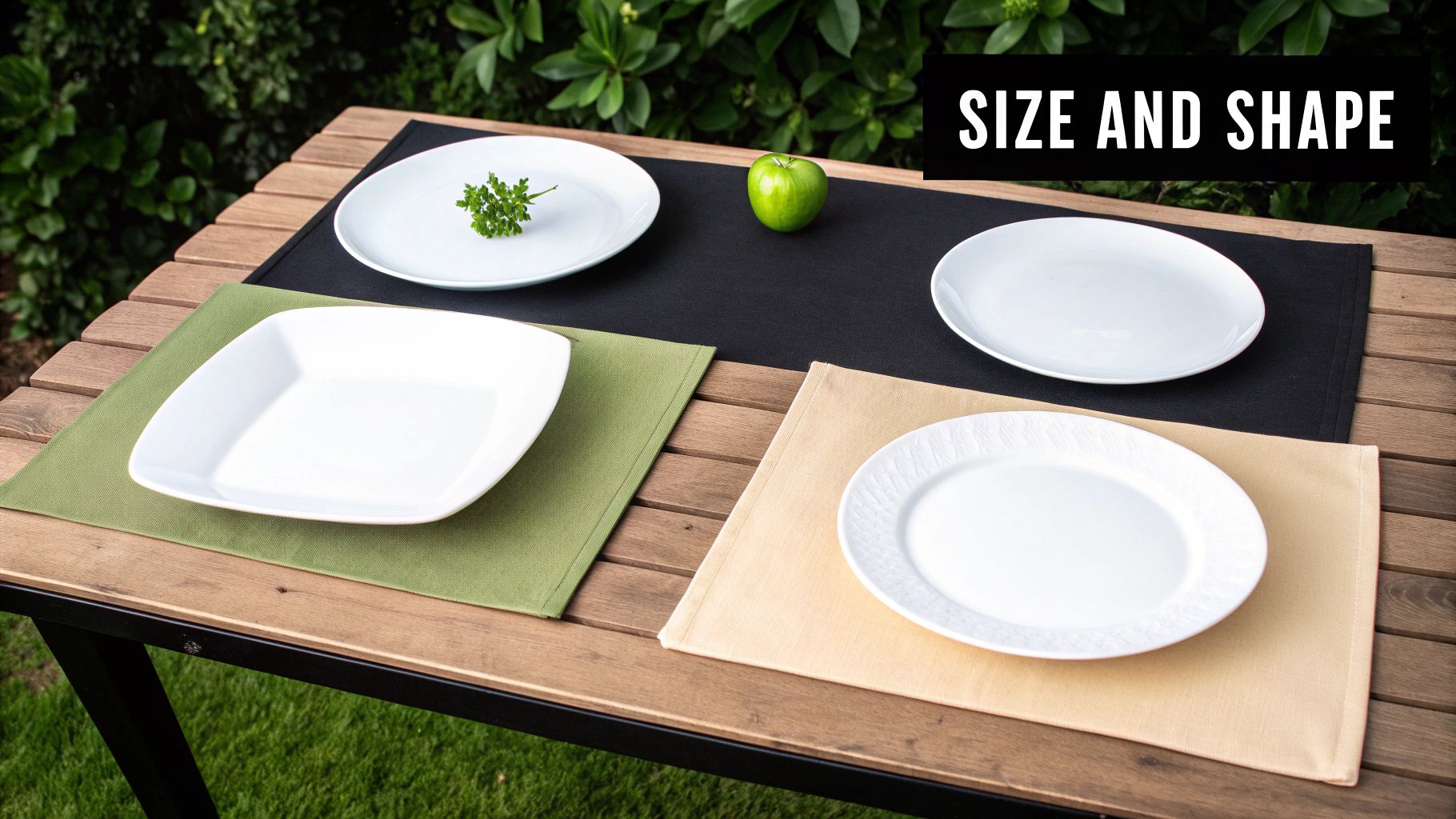Four place settings on an outdoor wooden table with diverse white plates and placemats.