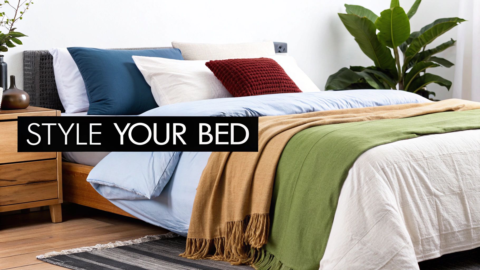 A stylish bed with blue, white, and red pillows, light blue duvet, and layered throws.