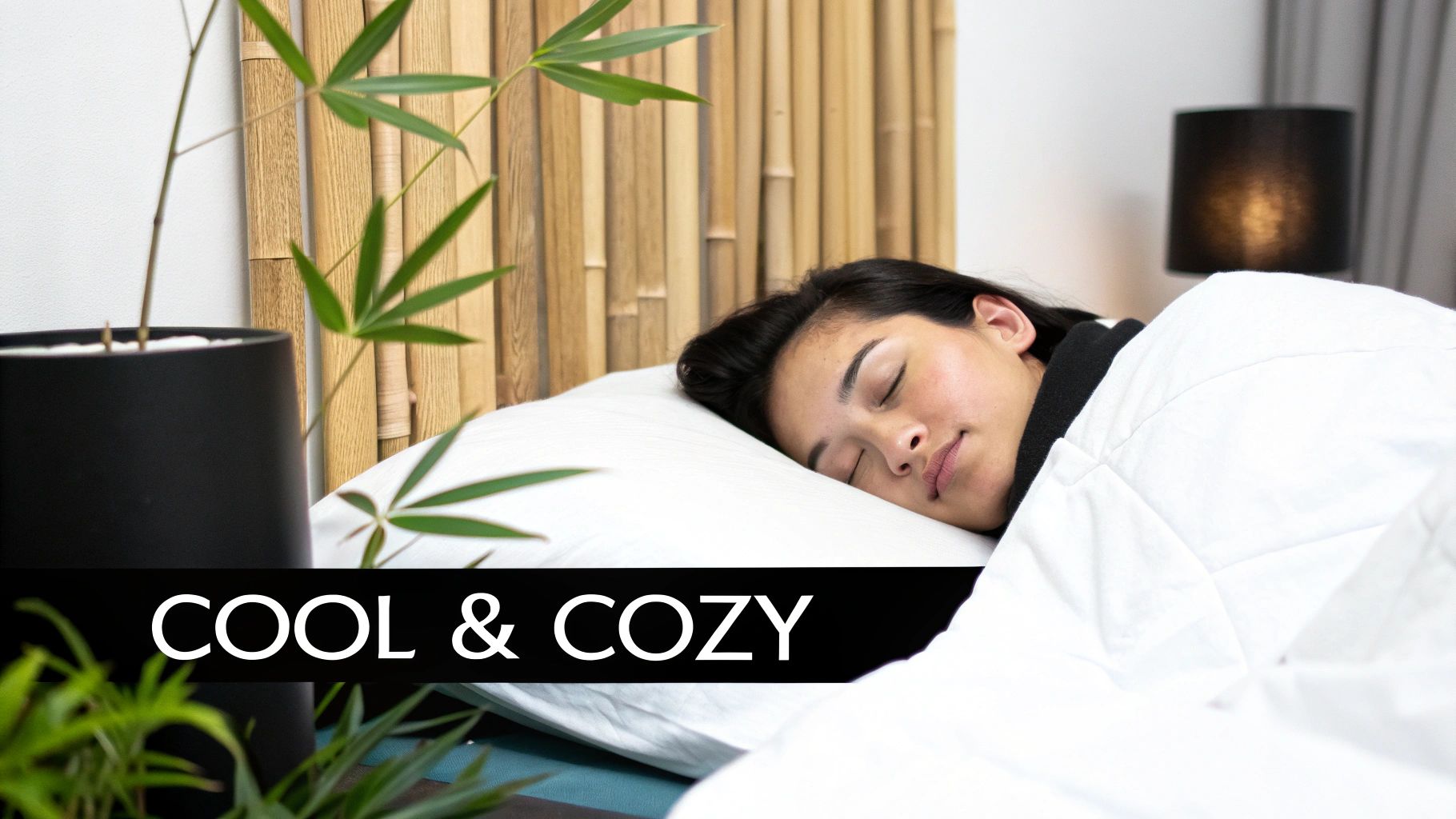 A close-up shot of a person sleeping peacefully under soft, light grey bamboo sheets, conveying a sense of deep comfort and rest