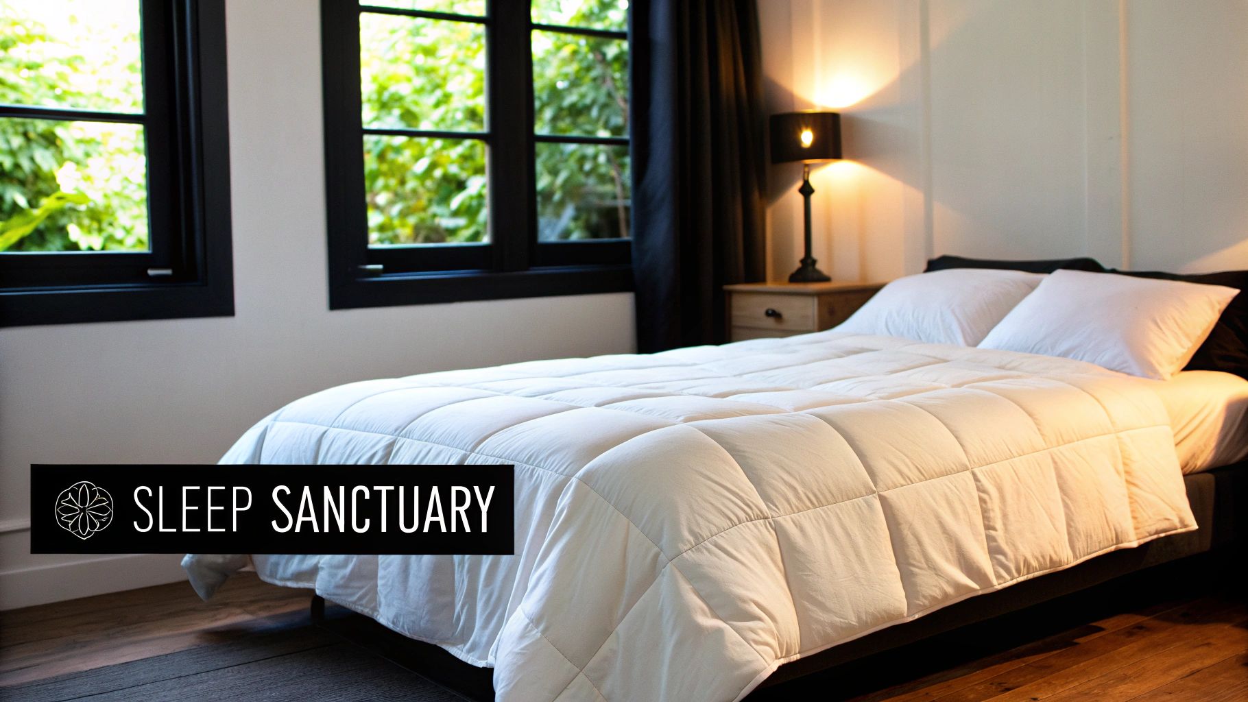 A comfortable bedroom with a white quilted duvet, pillows, and a bedside lamp, creating a cozy sleep sanctuary.