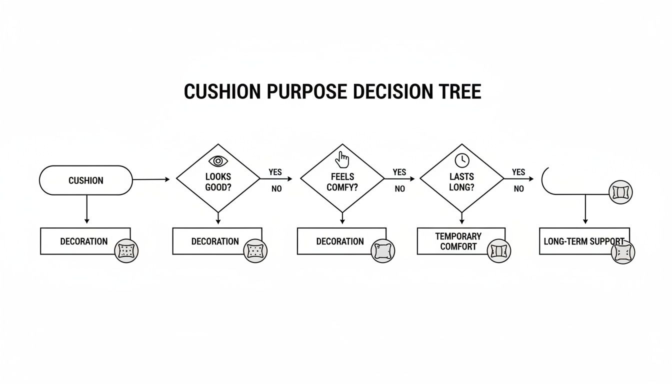 A decision tree flowchart illustrating the purpose of cushions based on aesthetic, comfort, and durability.