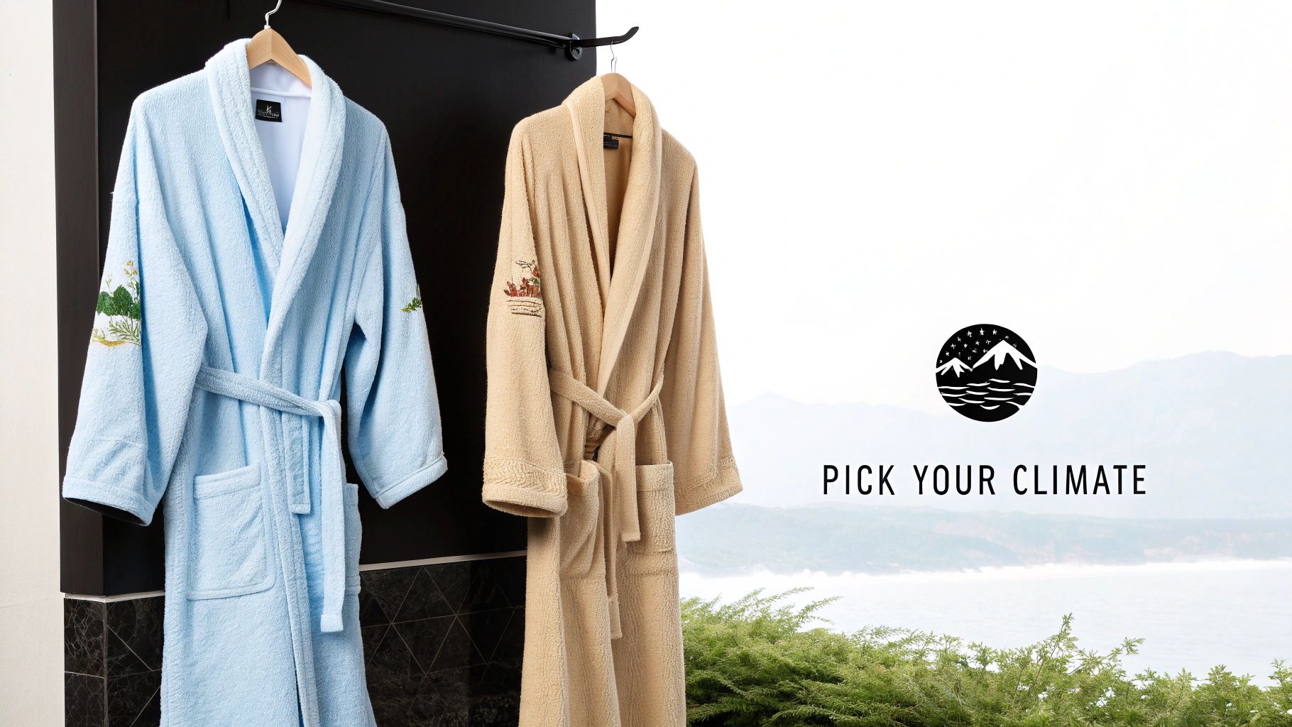 Two embroidered bathrobes, one blue and one beige, hanging on a rack with a nature-themed logo.