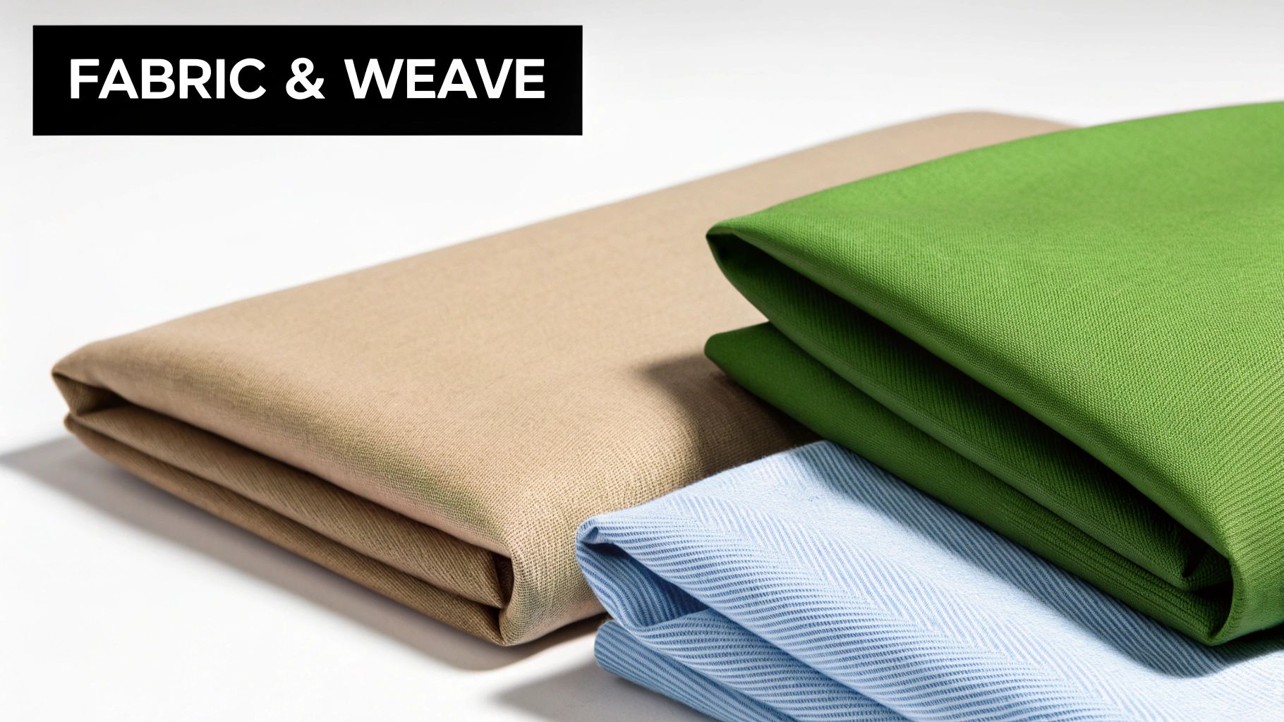 Three folded fabric swatches in beige, green twill, and blue herringbone weaves with 'FABRIC & WEAVE' title.