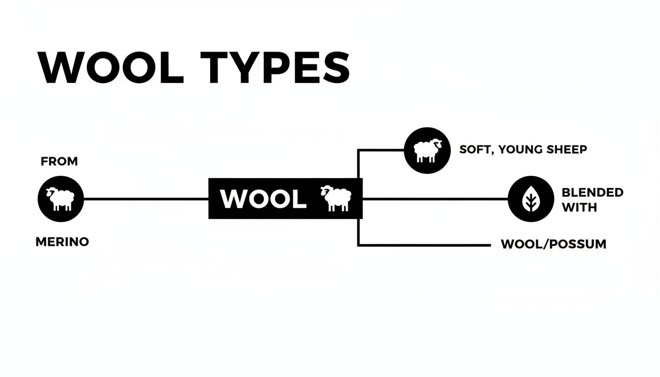 A diagram titled 'Wool Types' illustrating merino wool, soft young sheep wool, and wool blended with possum.