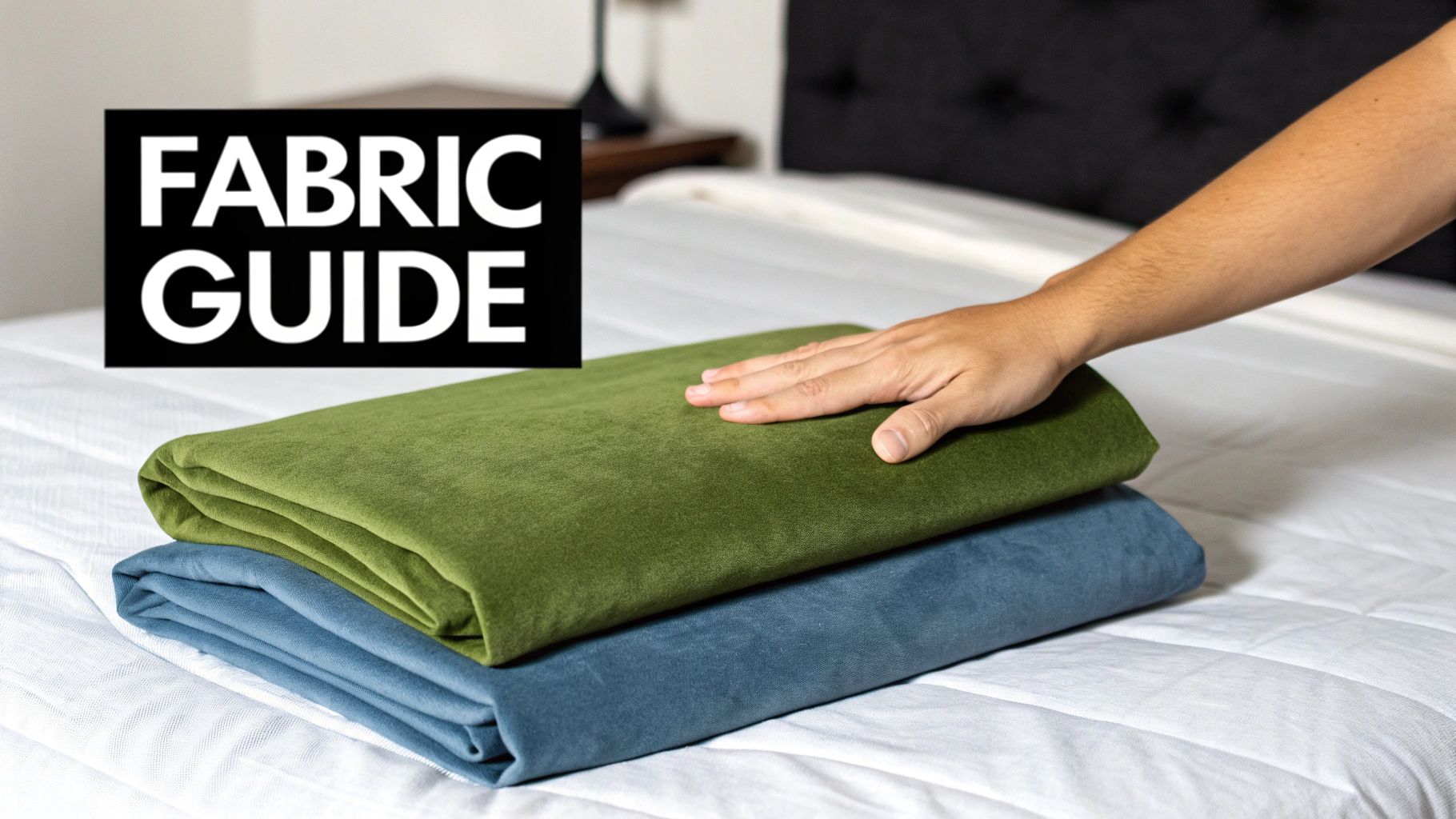 Person making a bed with a natural-toned super king bedspread