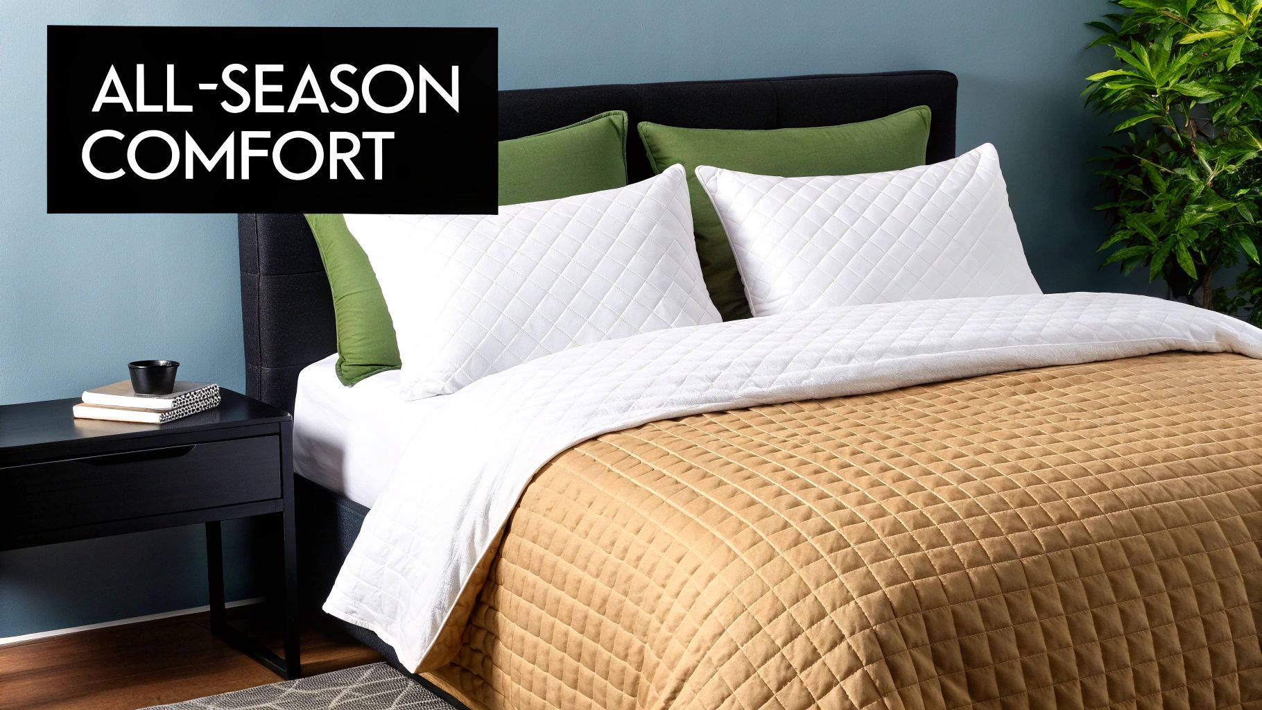 A neatly made bed featuring a grey waffle duvet cover, showcasing its texture and relaxed style.