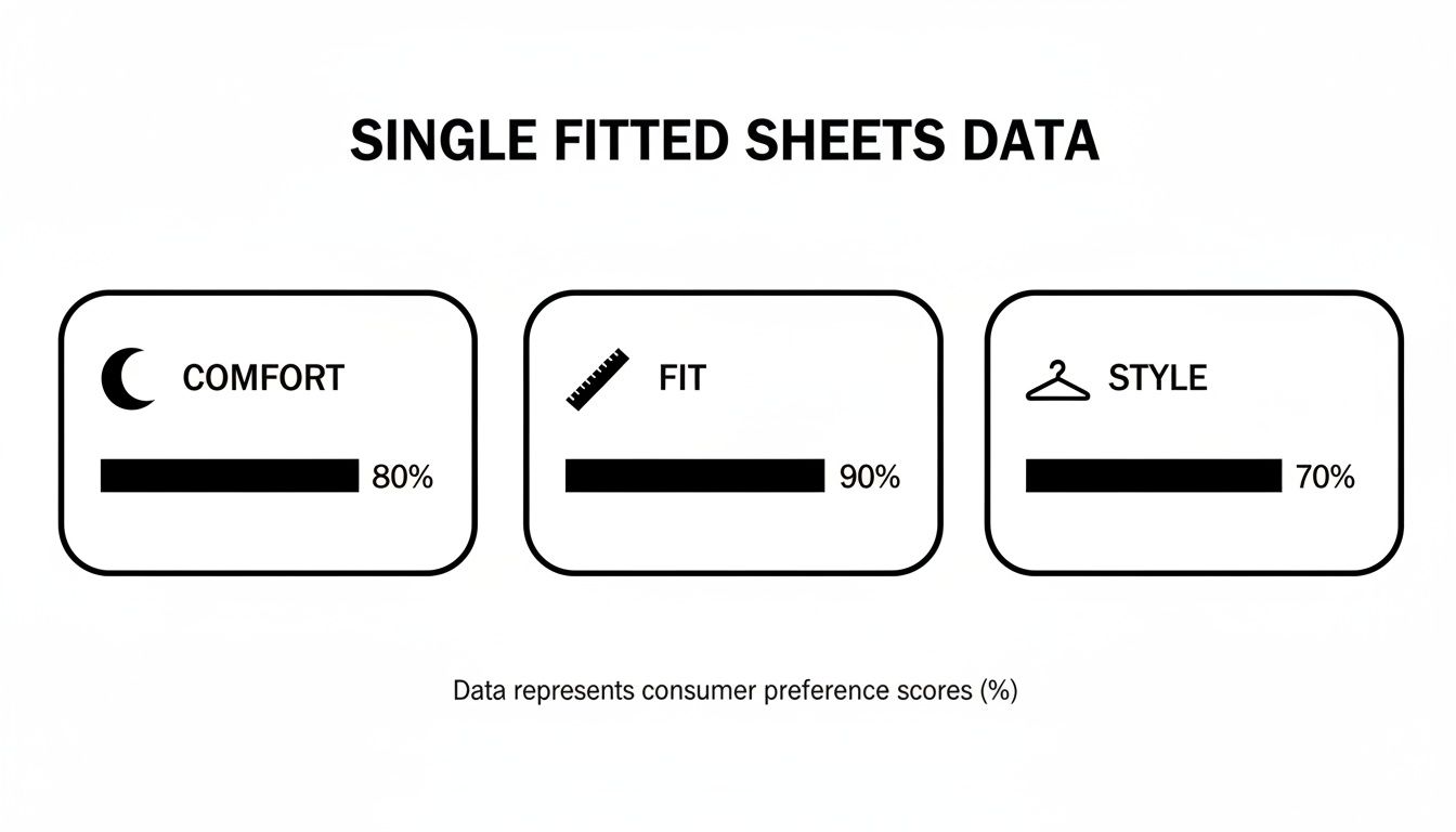 Data on single fitted sheets showing consumer preference scores: Comfort 80%, Fit 90%, Style 70%.
