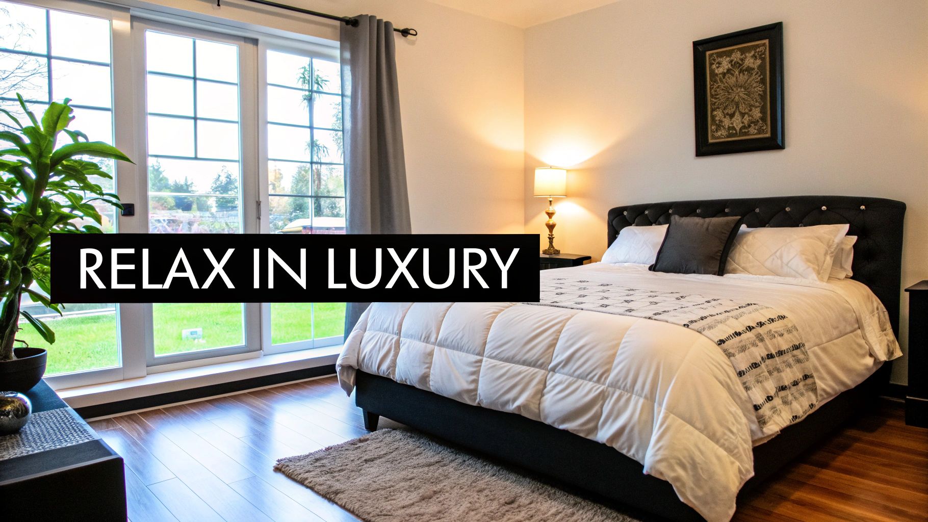 A beautifully styled king size bed with a neutral-toned duvet cover, pillows, and a throw blanket in a bright, modern bedroom.