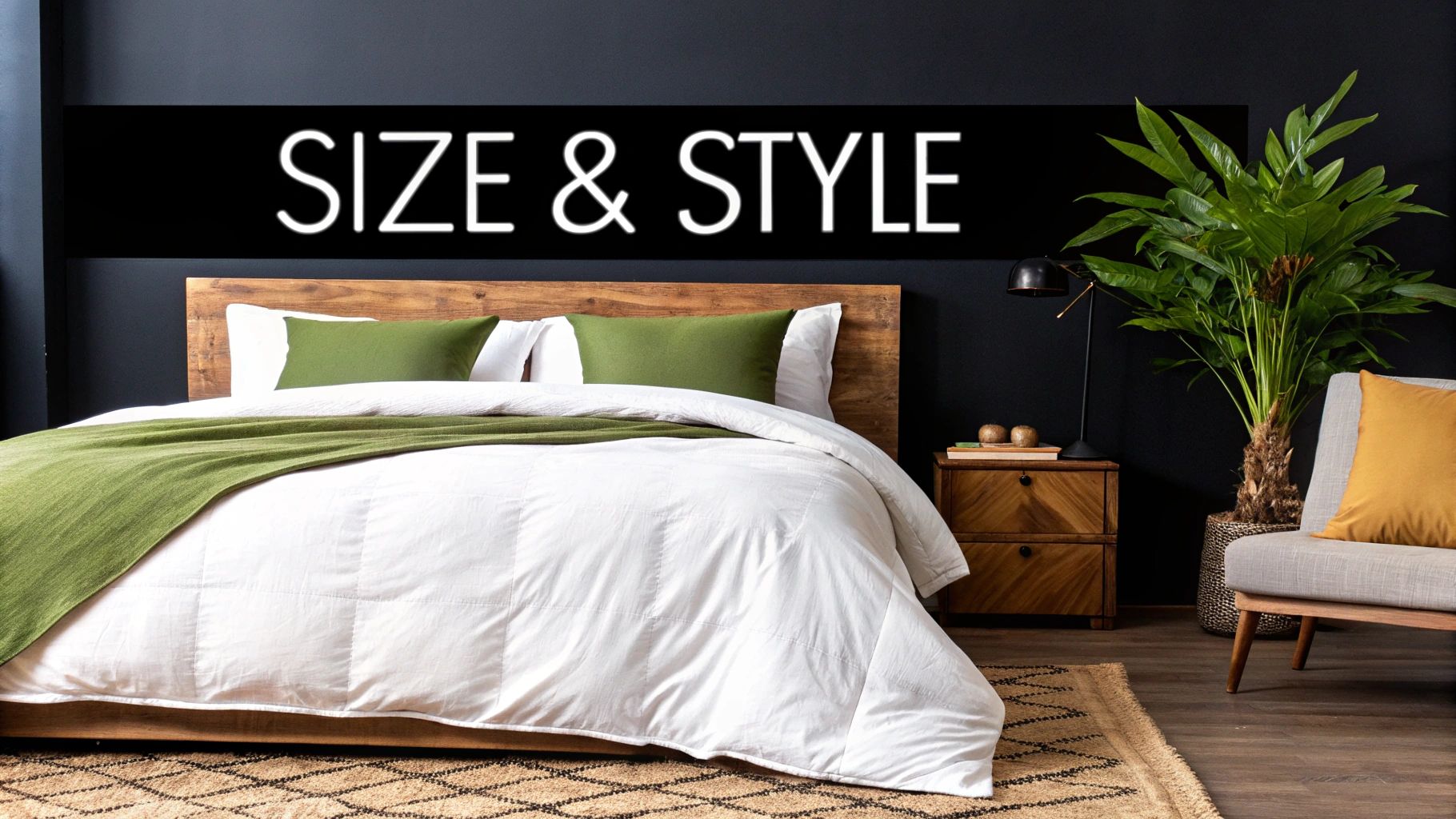 A modern bedroom with a bed, white duvet, green blanket, wooden headboard, plant, and armchair.