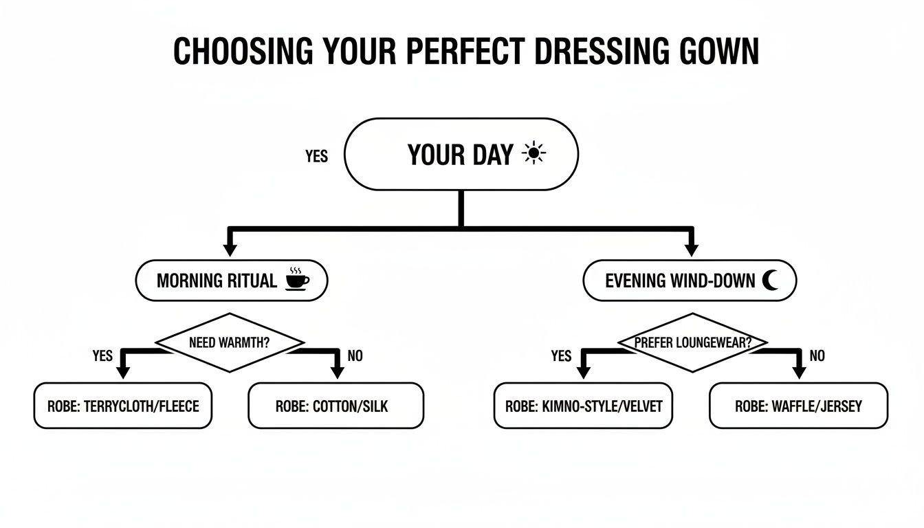 Flowchart guiding the choice of a perfect dressing gown based on time of day and specific needs.
