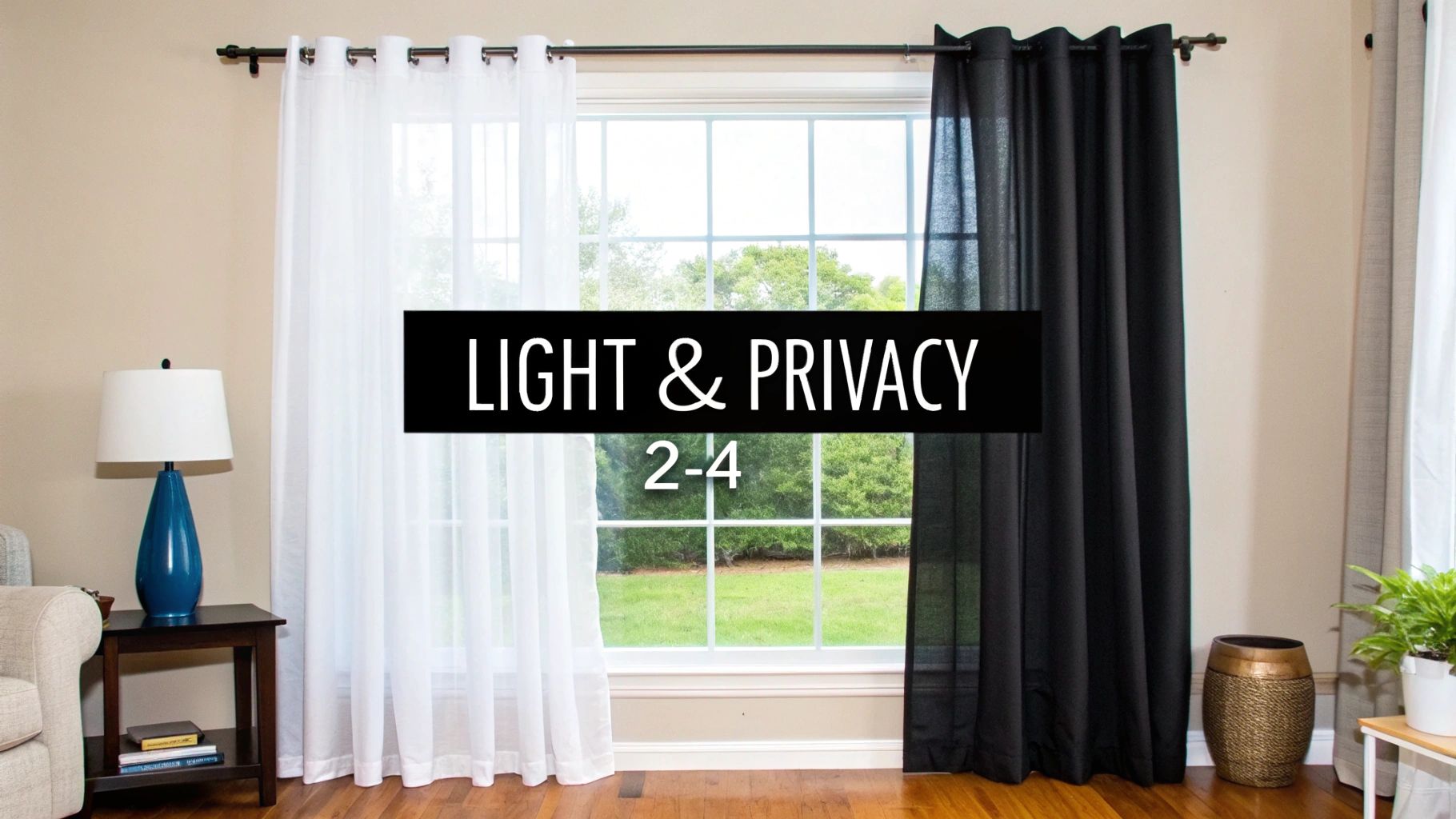 White sheer and black opaque curtains on a window, demonstrating light and privacy options.