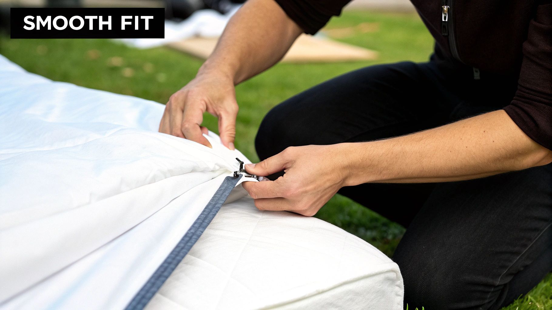 Person's hands zipping up a white duvet cover with a gray zipper, outdoors on grass.