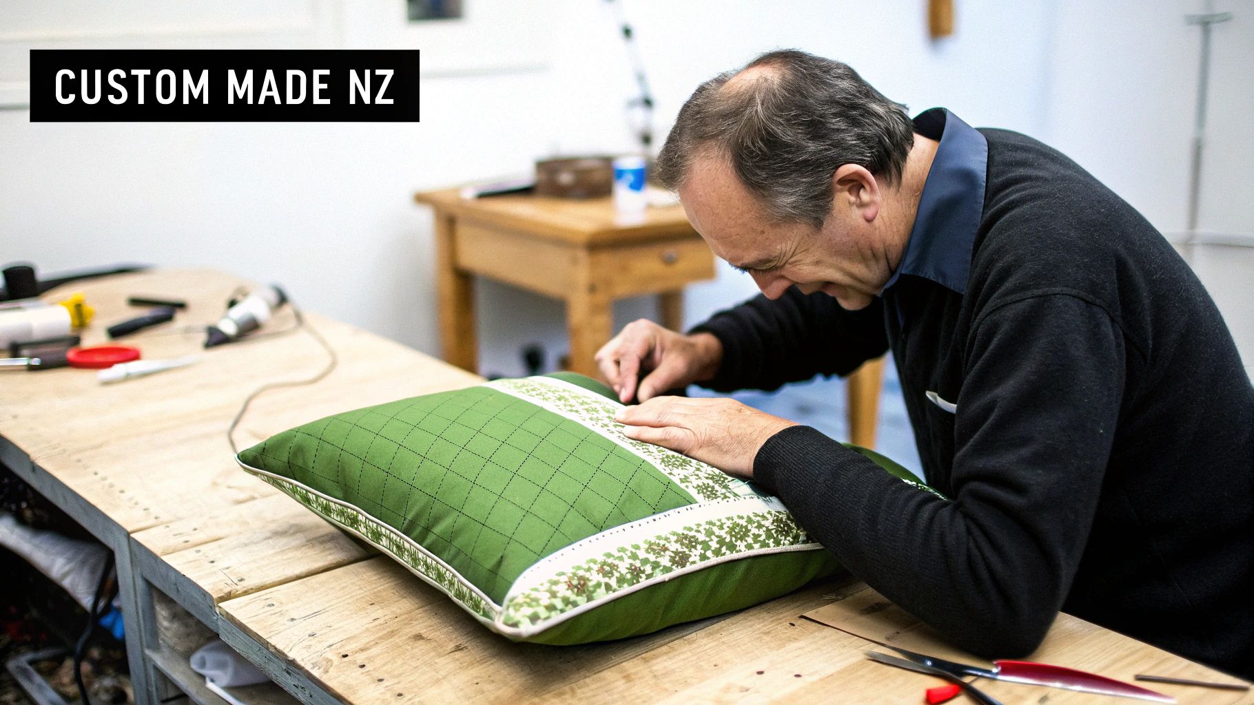 A craftsman meticulously hand-sewing a custom-made green cushion with decorative trim in a workshop, labeled 'CUSTOM MADE NZ'.