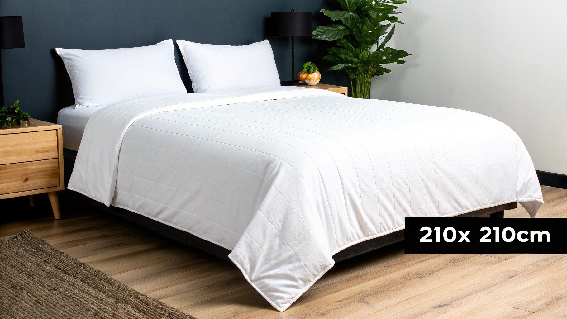 A neatly made bed with a white quilted duvet and pillows, flanked by wooden nightstands.