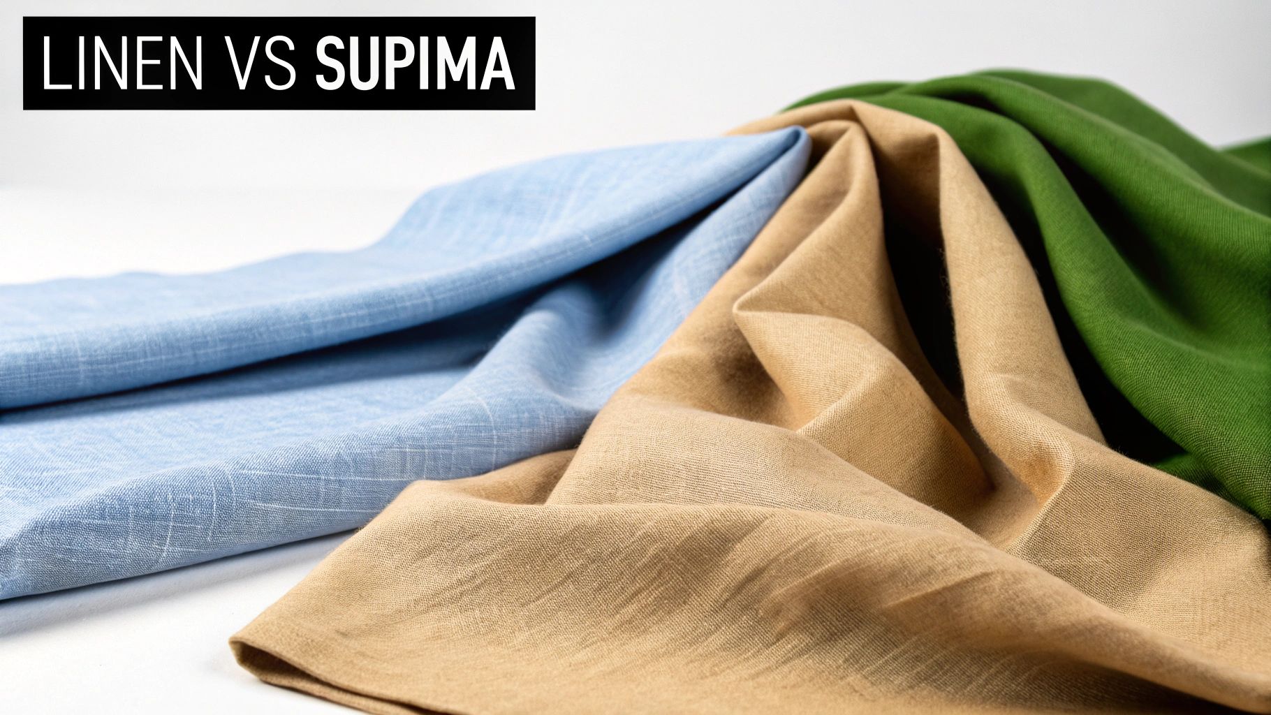 A comparative image of folded blue, tan, and green fabrics, with 'Linen vs Supima' text overlay.