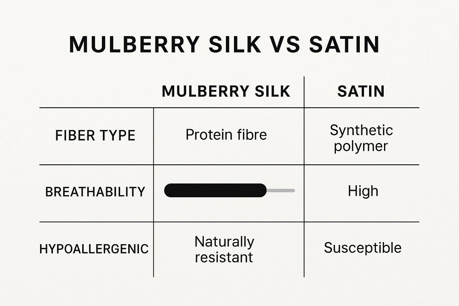 Infographic comparing the properties of Mulberry Silk and Satin, showing silk as a natural protein fibre that is highly breathable and hypoallergenic, versus satin as a synthetic polymer with low breathability and susceptibility to allergens.
