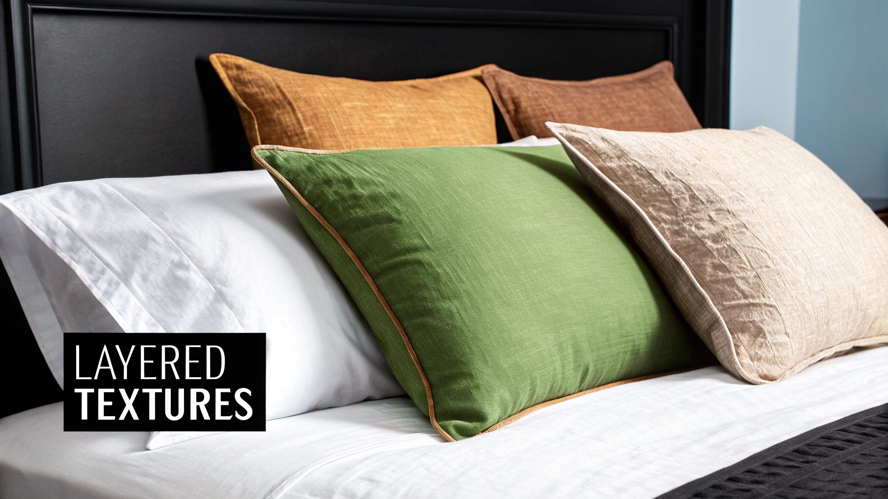 A bed layered with various pillows in white, green, brown, and beige, showcasing different textures.