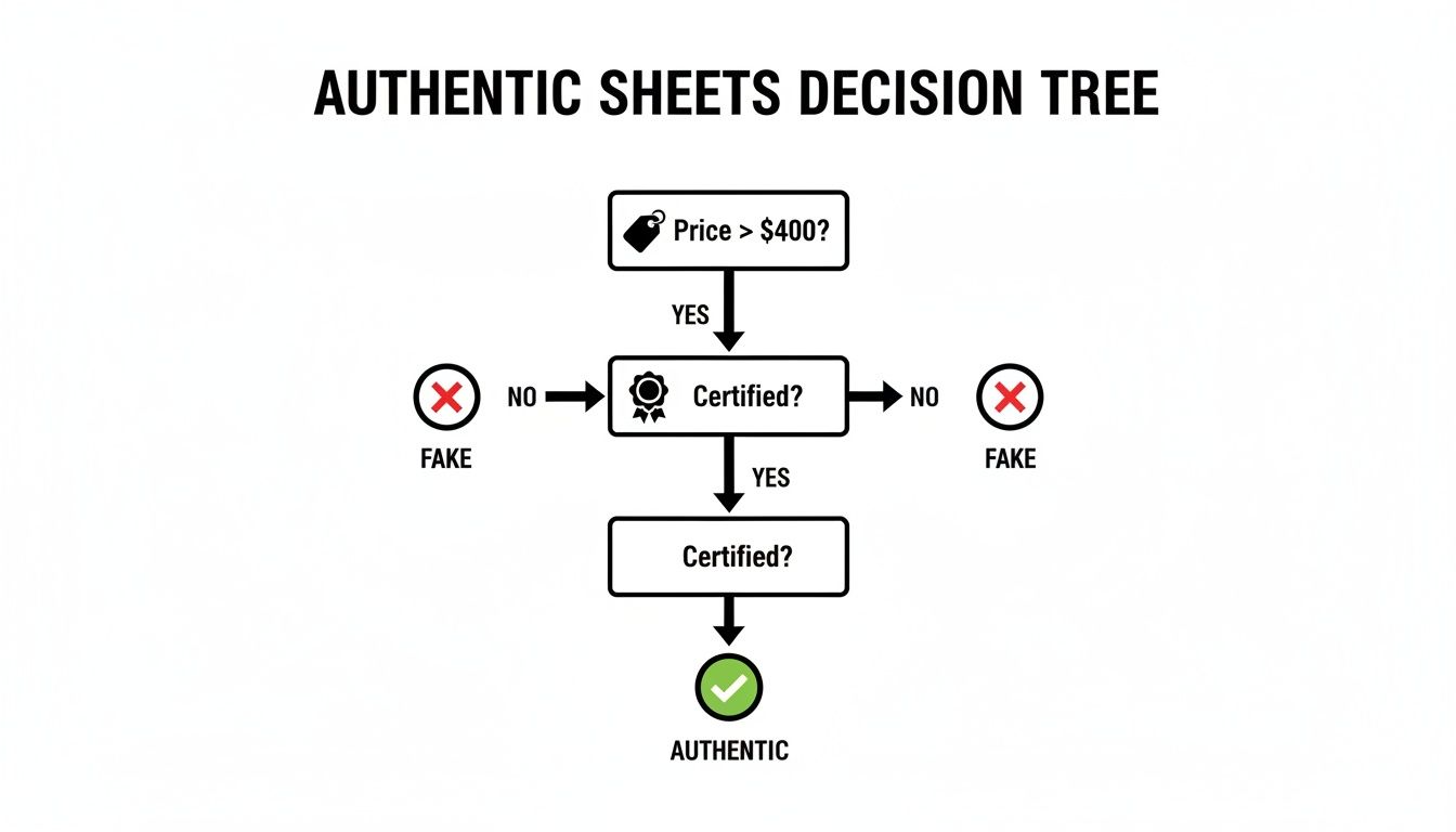 A flowchart decision tree titled 'Authentic Sheets' for determining authenticity based on price and certification.