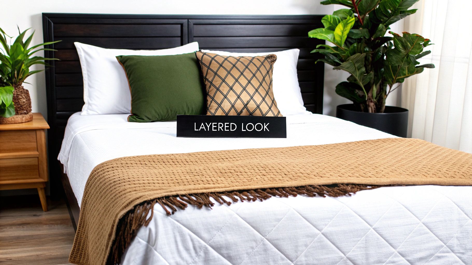 A stylish bedroom features a dark wood bed, white bedding, decorative pillows, and a layered throw.
