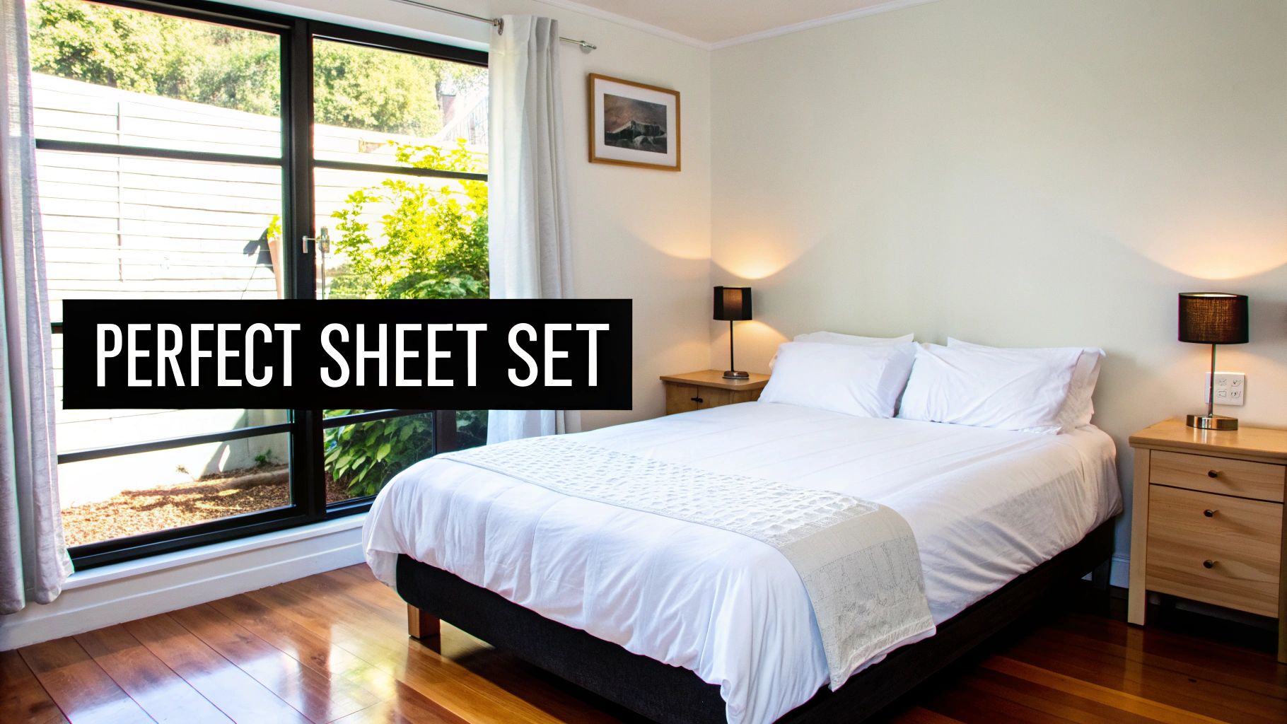 A bright and inviting bedroom featuring a perfectly made double bed with white sheets, pillows, and a decorative throw.