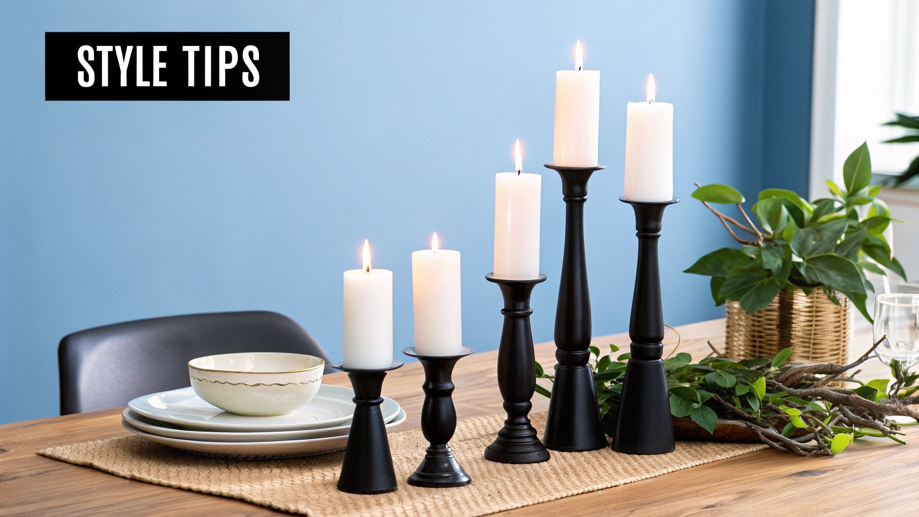 A collection of different candle holders styled on a wooden shelf.