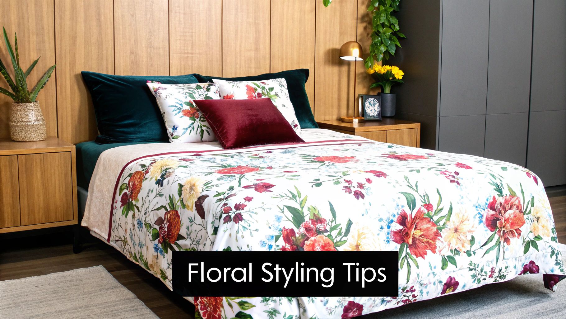 A cozy bedroom with a bed featuring a vibrant white floral duvet cover and velvet pillows, showing floral styling tips.