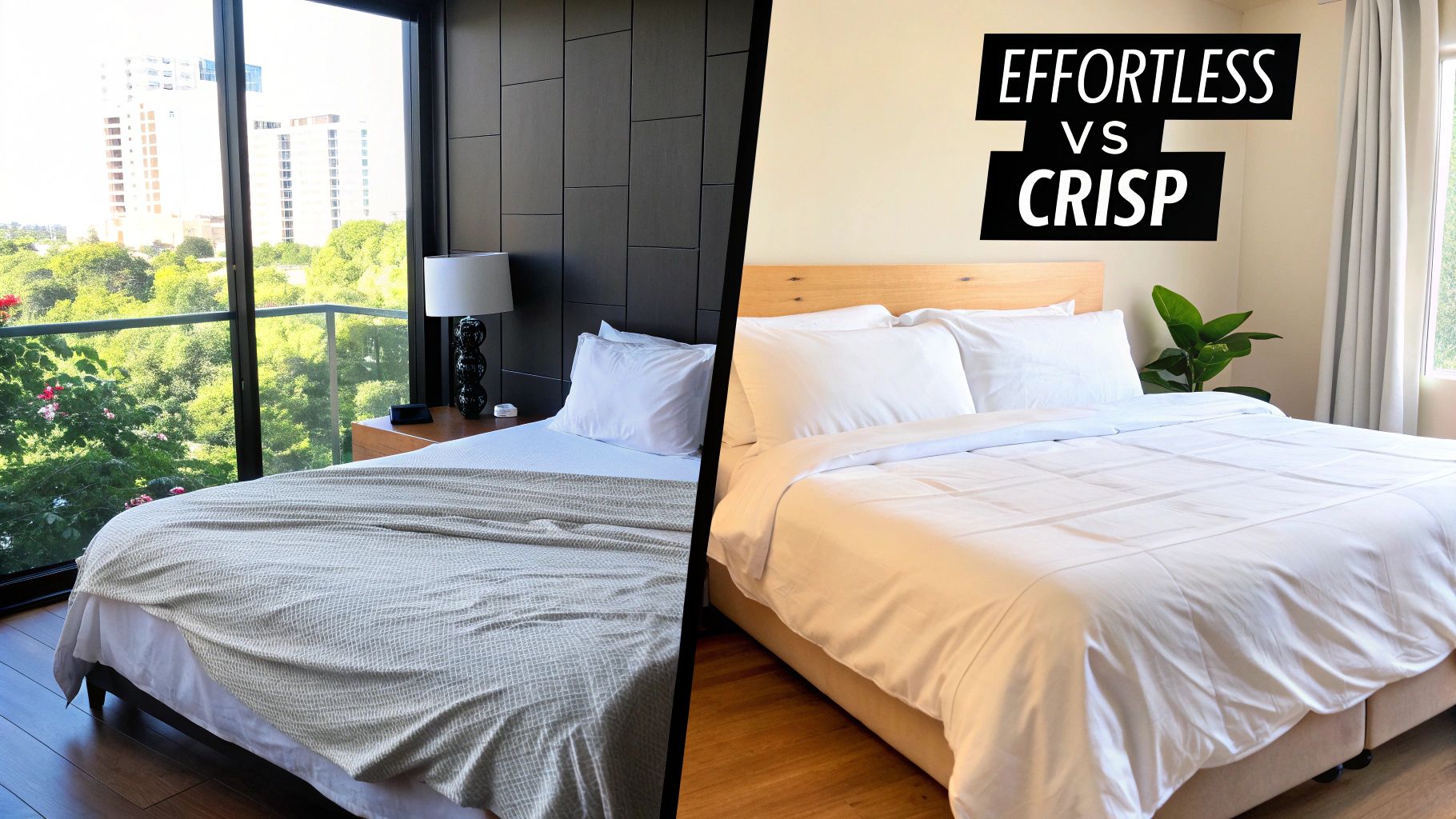 Side by side comparison of two modern bedroom setups showing effortless versus crisp bedding styles