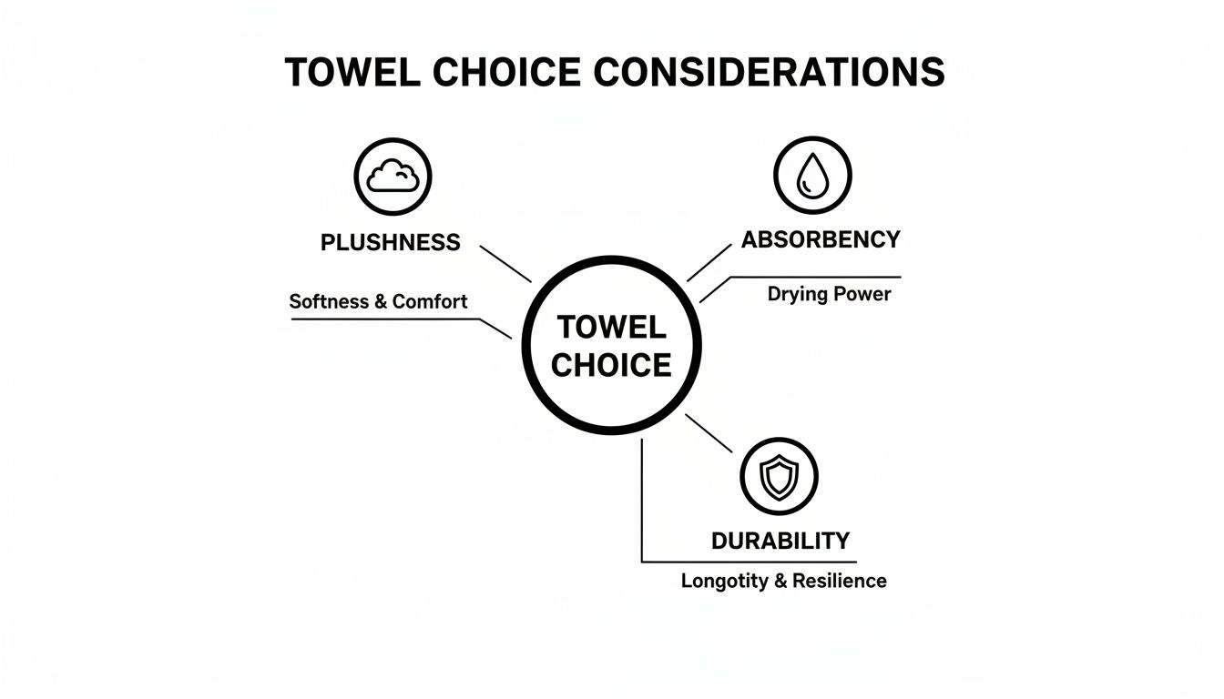 Diagram illustrating towel choice considerations including plushness, absorbency, and durability for optimal selection.