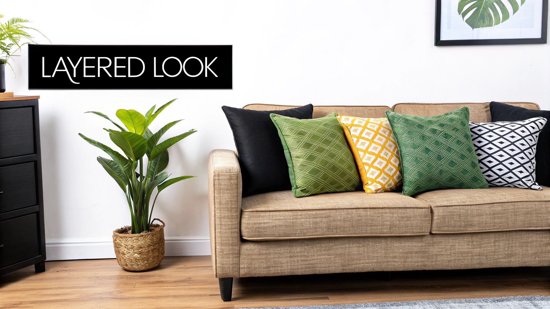 A stylish living room featuring a tan sofa with green, yellow, and black cushions, a large plant, and a 'LAYERED LOOK' sign.