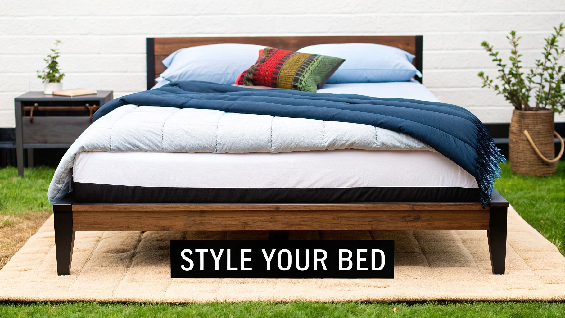 A stylish bed with a wooden frame, white sheets, blue duvet, and colorful pillow on a rug outdoors.