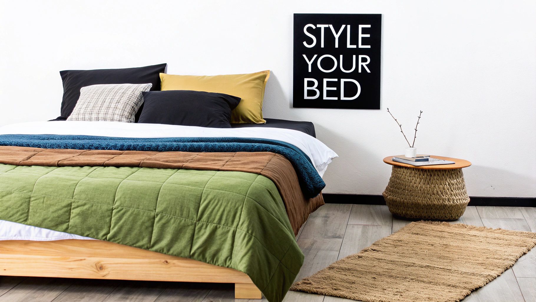 A beautifully styled bed featuring a luxurious double duvet cover, layered with pillows and a throw.