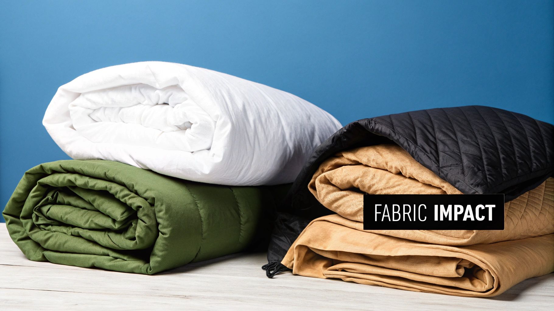 A close-up shot of different fabric textures, like crisp cotton, soft linen, and smooth synthetics, laid side by side.