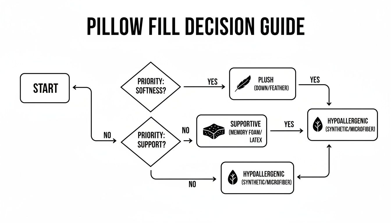 A flowchart guiding pillow fill decisions based on priorities like softness, support, and hypoallergenic needs.