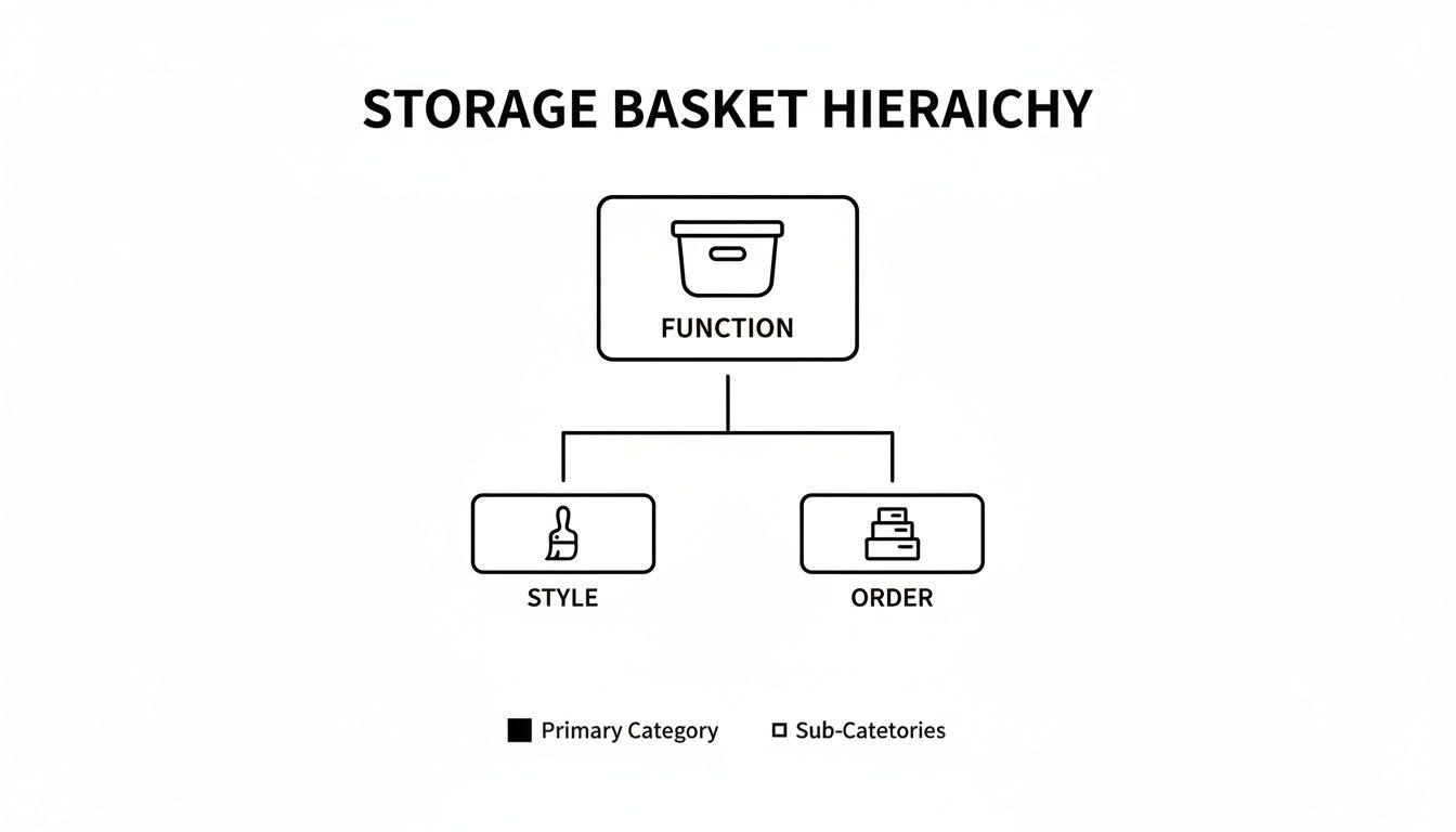 A hierarchy diagram illustrating storage basket categorization into Function, Style, and Order.